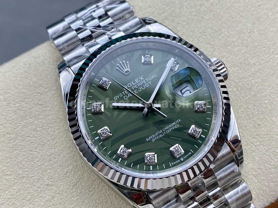 VS Factory Rolex Datejust 126234 0055 36mm Full 904L Diamond Olive Green Palm Motif Dial Jubilee (1)