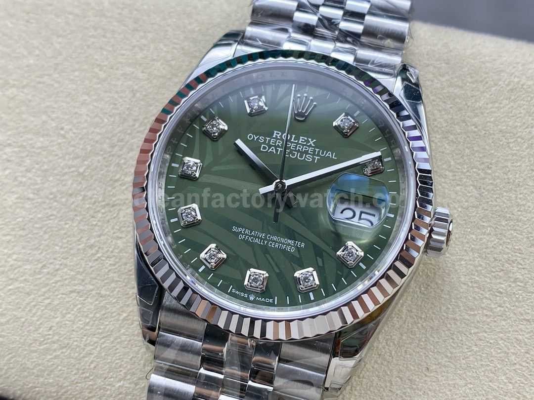 VS Factory Rolex Datejust 126234 0055 36mm Full 904L Diamond Olive Green Palm Motif Dial Jubilee ( (8)