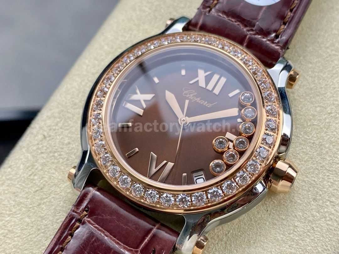 YF Factory Chopard Happy Sport 277473 5008 36mm Diamond&Rose Gold Bezel Steel Leather Strap Roman Nu (5)