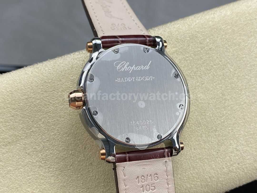YF Factory Chopard Happy Sport 277473 5008 36mm Diamond&Rose Gold Bezel Steel Leather Strap Roman Nu (7)