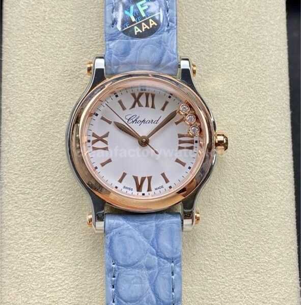 YF Factory Chopard Happy Sport 278590-6001 30mm Rose Gold Bezel,Steel Sky Blue Leather Strap Roman Numerals White Dial