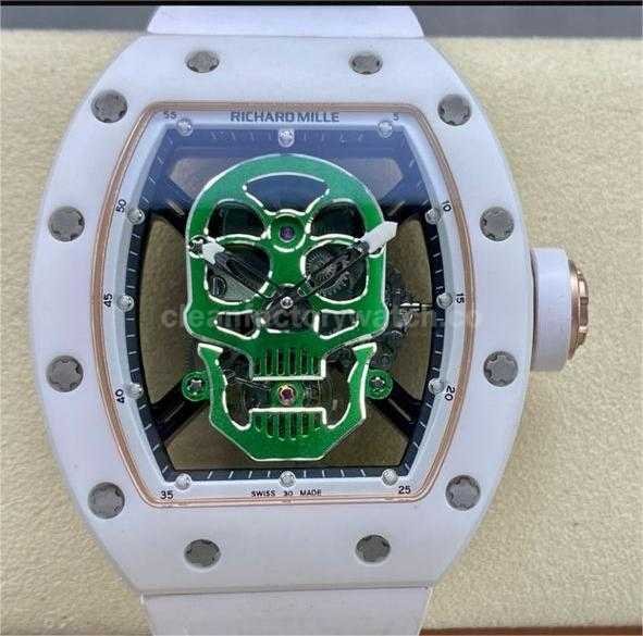 YS Factory Richard Mille RM052 44mm Ceramics&Titanium White Rubber Strap Green Skeletonized Skull Dial