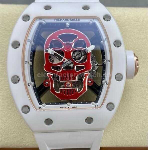 YS Factory Richard Mille RM052 44mm Ceramics&Titanium White Rubber Strap Red Skeletonized Skull Dial