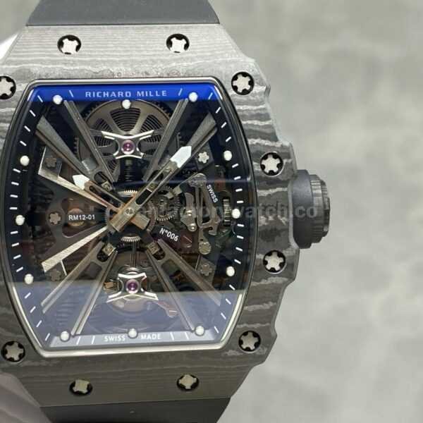 YS Factory Tourbillon Richard Mille RM12-01 42mm Carbon Fiber Rubber Strap Tourbillon Skeleton Dial