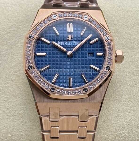 ZF Factory Audemars Piguet Royal Oak Lady 67651OR.ZZ.1261OR.02 33mm Diamond Bezel Full Rose Gold Blue Dial