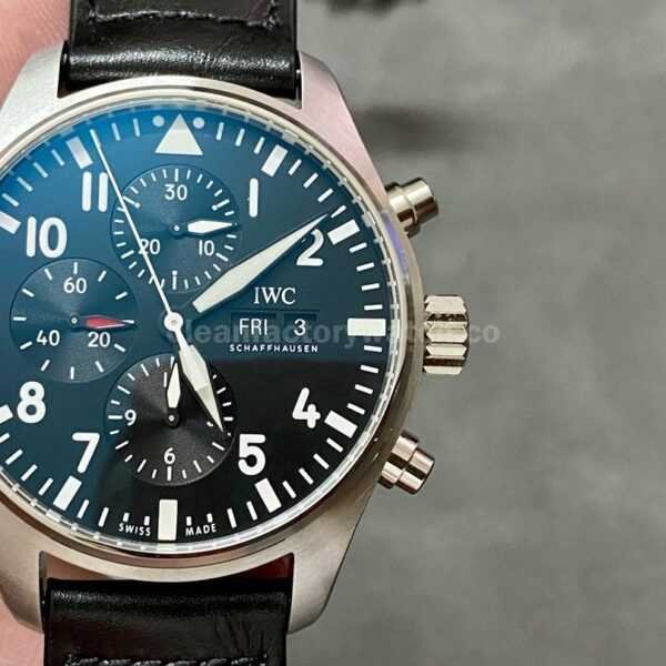 ZF Factory IWC Pilot Chronograph IW388111 43mm Steel Leather Strap Black Arabic Numerals Dial