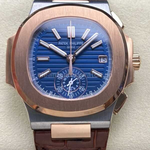 3K Factory Patek Philippe Nautilus 5980/1AR-0001 Leather Strap Half Rose Gold Blue Dial