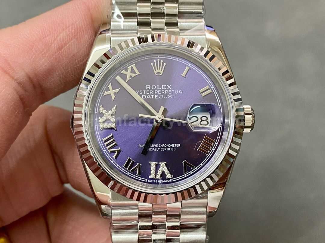 A+ Factory Rolex Datejust 126234 0021 36mm Full 904L Roman Numerals Diamond Purple Dial Jubilee (6)