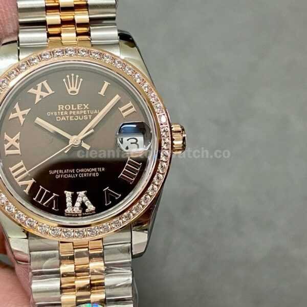 A+ Factory Rolex Datejust 278381RBR-0006 31mm Diamond Bezel Half Rose Gold Roman Number Diamond Brown Dial Jubilee