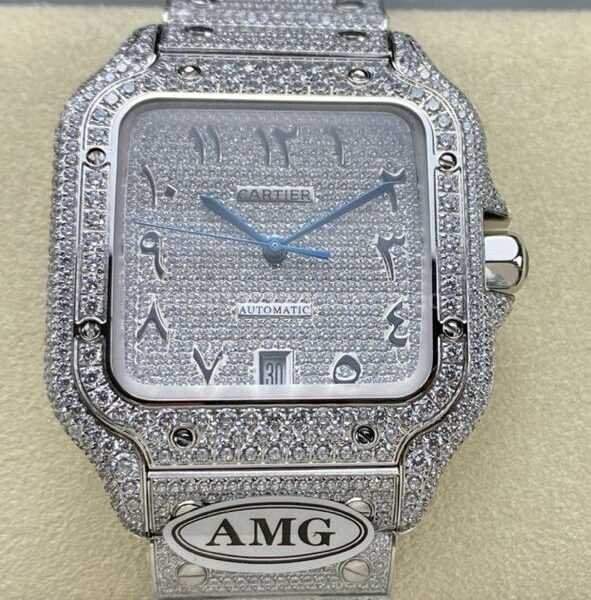 AMG Factory Cartier Full Diamond Santos 40mm Diamond Steel Arabic Number Diamond Dial