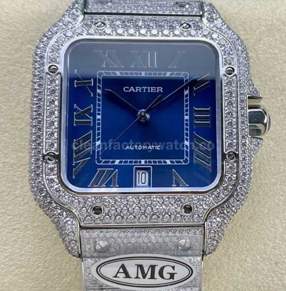AMG Factory Cartier Full Diamond Santos 40mm Diamond&Steel Roman Number Blue Dial