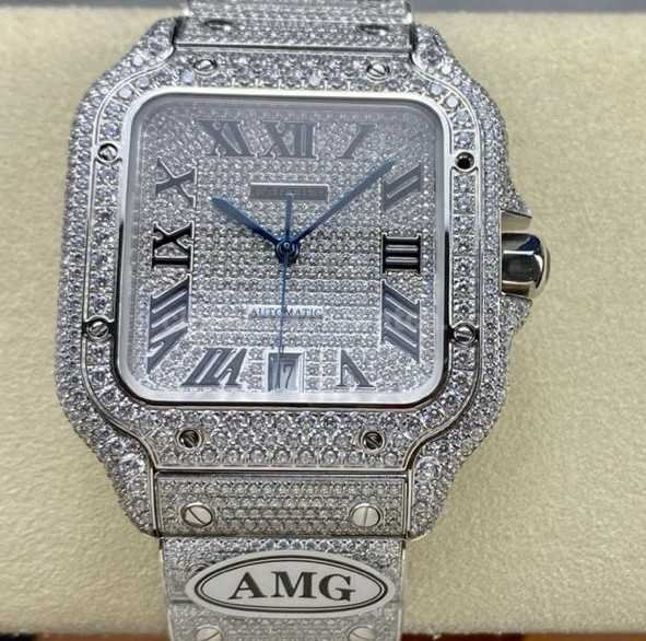 AMG Factory Cartier Full Diamond Santos 40mm Diamond&Steel Roman Number Diamond Dial