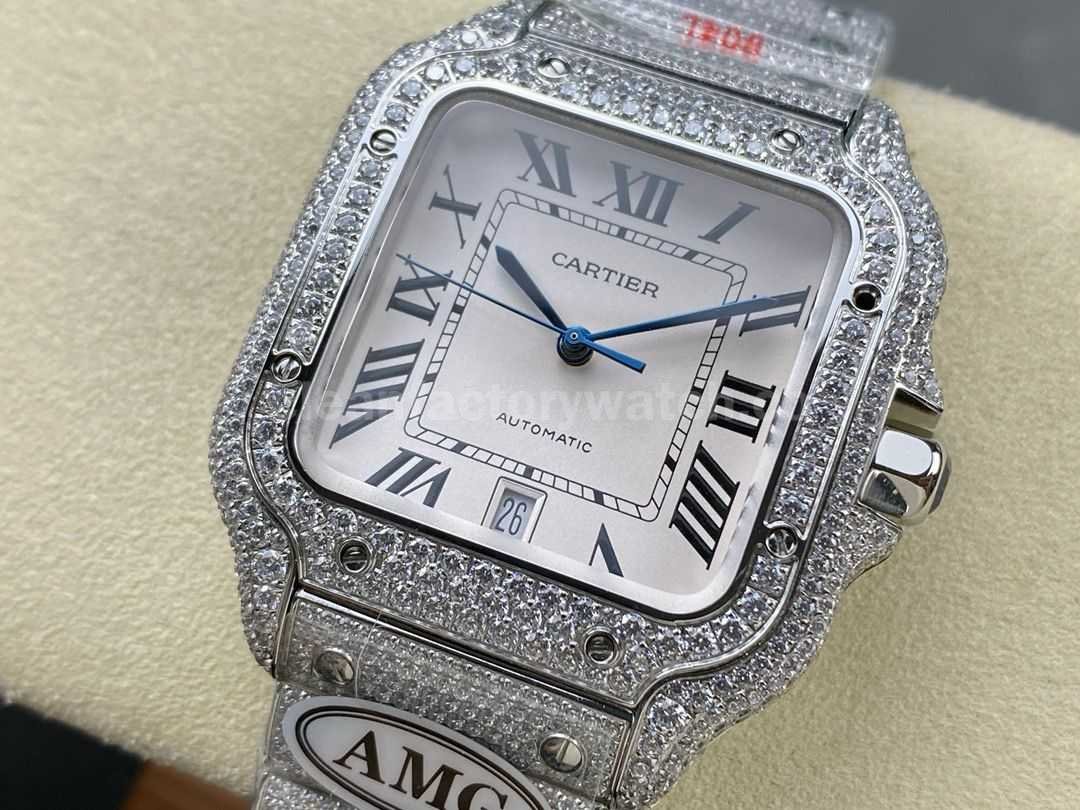 AMG Factory Cartier Full Diamond Santos 40mm Diamond&Steel Roman Number White Dial (3)