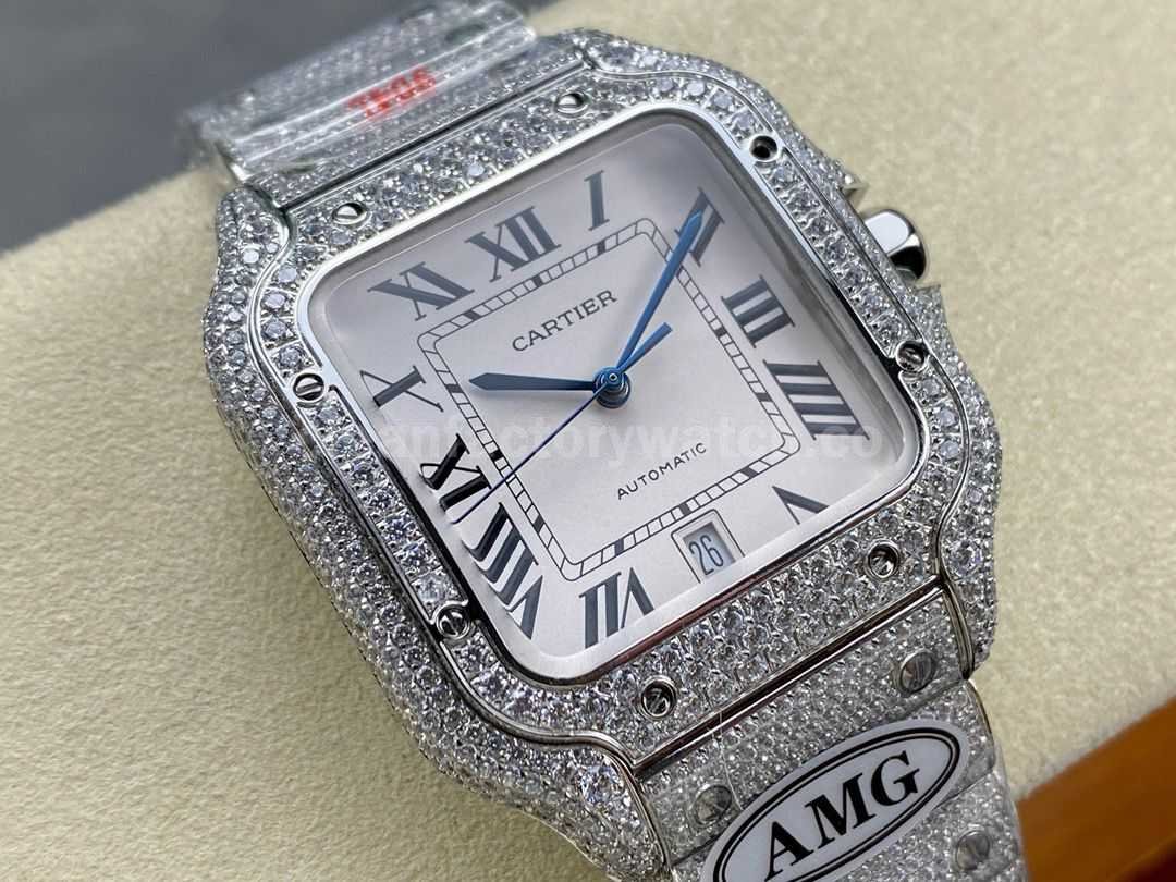 AMG Factory Cartier Full Diamond Santos 40mm Diamond&Steel Roman Number White Dial (6)