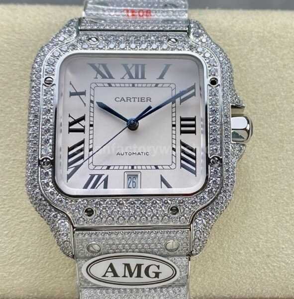 AMG Factory Cartier Full Diamond Santos 40mm Diamond&Steel Roman Number White Dial