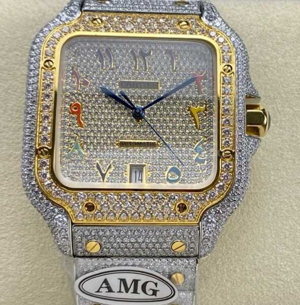 AMG Factory Cartier Full Diamond Santos 40mm Gold Diamond&Steel Color Arabic Number Diamond Dial