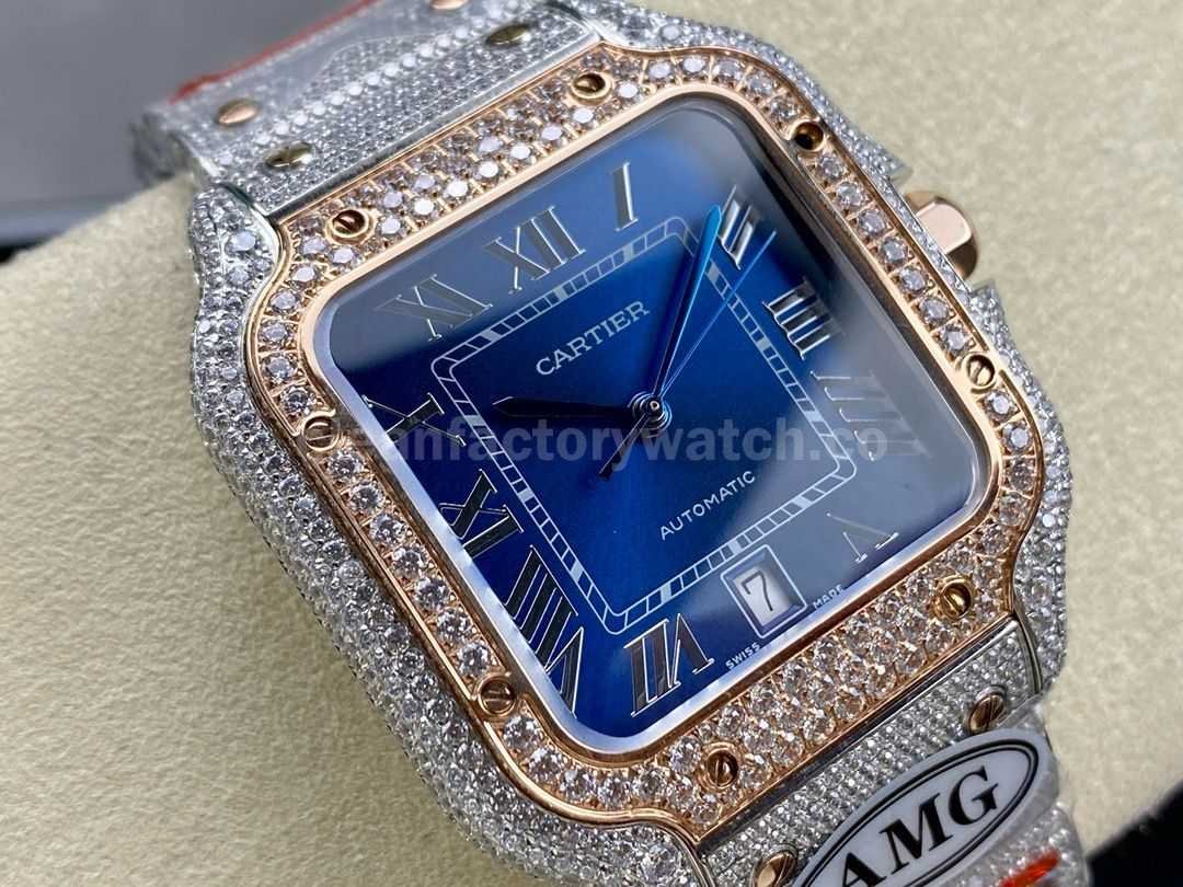 AMG Factory Cartier Full Diamond Santos 40mm Rose Gold Diamond&Steel Roman Number Blue Dial (5)
