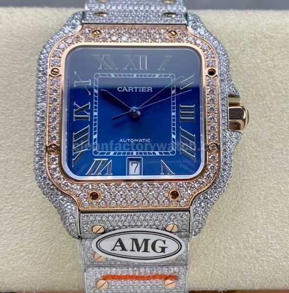 AMG Factory Cartier Full Diamond Santos 40mm Rose Gold Diamond&Steel Roman Number Blue Dial