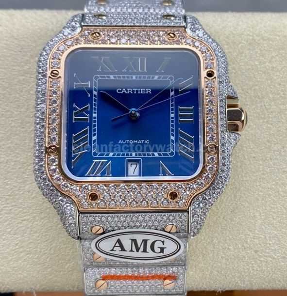 AMG Factory Cartier Full Diamond Santos 40mm Rose Gold Diamond&Steel Roman Number Blue Dial (6)