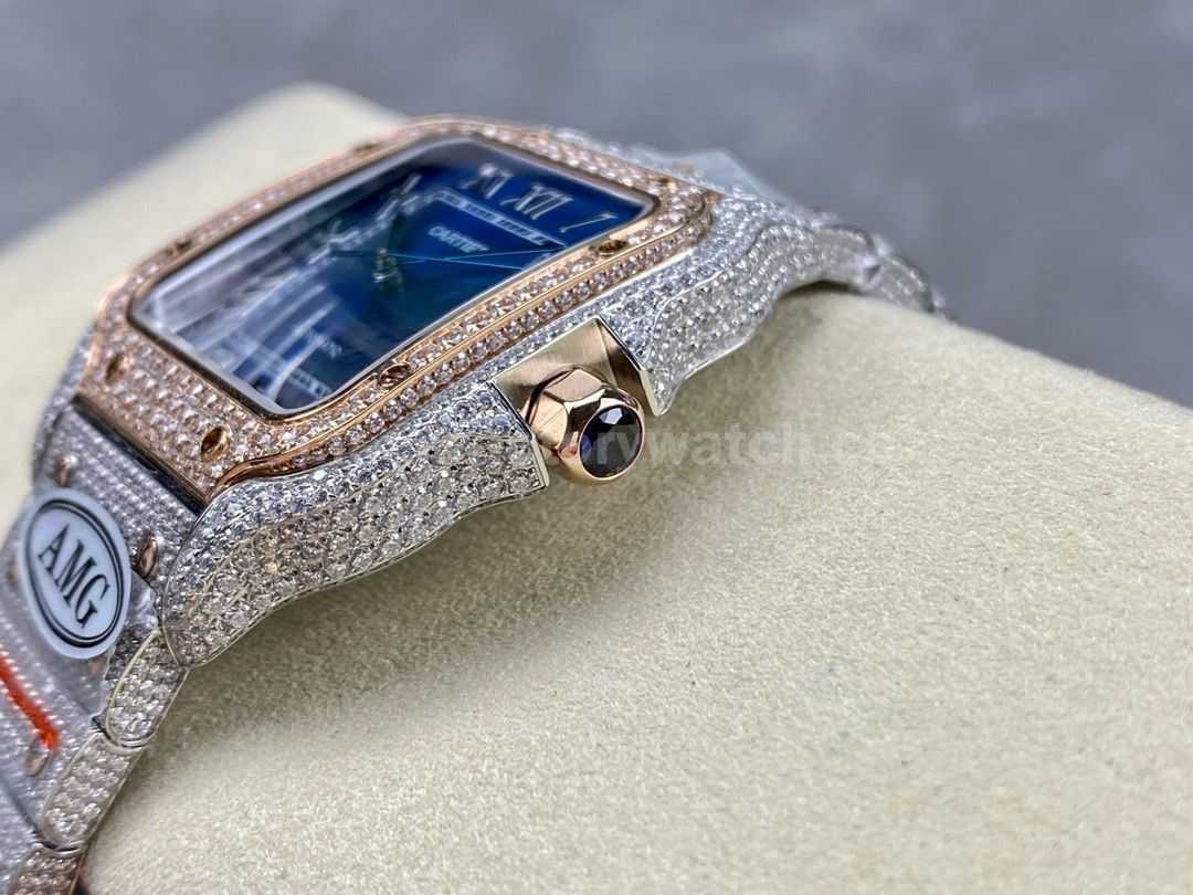 AMG Factory Cartier Full Diamond Santos 40mm Rose Gold Diamond&Steel Roman Number Blue Dial (7)