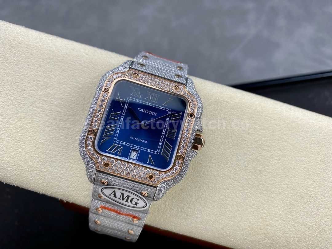 AMG Factory Cartier Full Diamond Santos 40mm Rose Gold Diamond&Steel Roman Number Blue Dial (8)