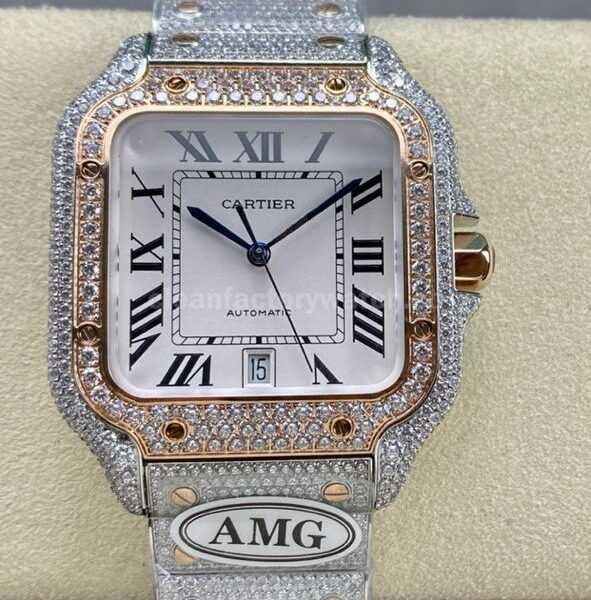 AMG Factory Cartier Full Diamond Santos 40mm Rose Gold Diamond&Steel Roman Number White Dial