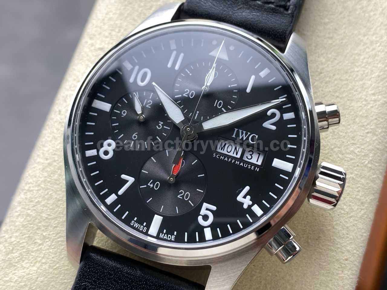 BLS Factory IWC Pilot Chronograph IW388111 41mm Leather Strap Arabic Numerals Black Dial (5)