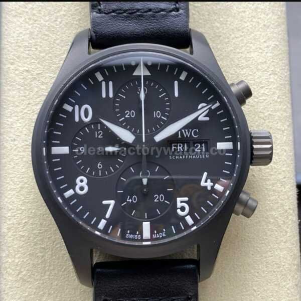 BLS Factory IWC Pilot Chronograph Top Gun IW388106 41mm Leather Strap Black Dial