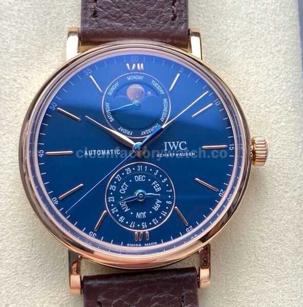 GR Factory IWC Portofino Complete Calendar 41mm Rose Gold Leather Strap Blue Dial