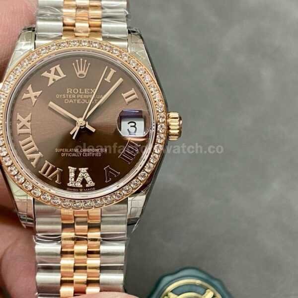 GS Factory Rolex Datejust 278381RBR-0006 31MM Diamond Bezel Half Rose Gold Roman Number Diamond Brown Dial Jubilee