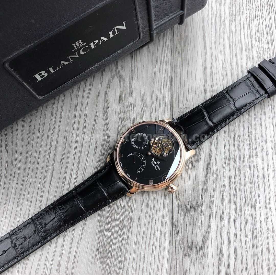JB Factory Blancpain Villeret 6025 1542 55b 42.5mm Rose Gold Leather Strap Black Dial (6)