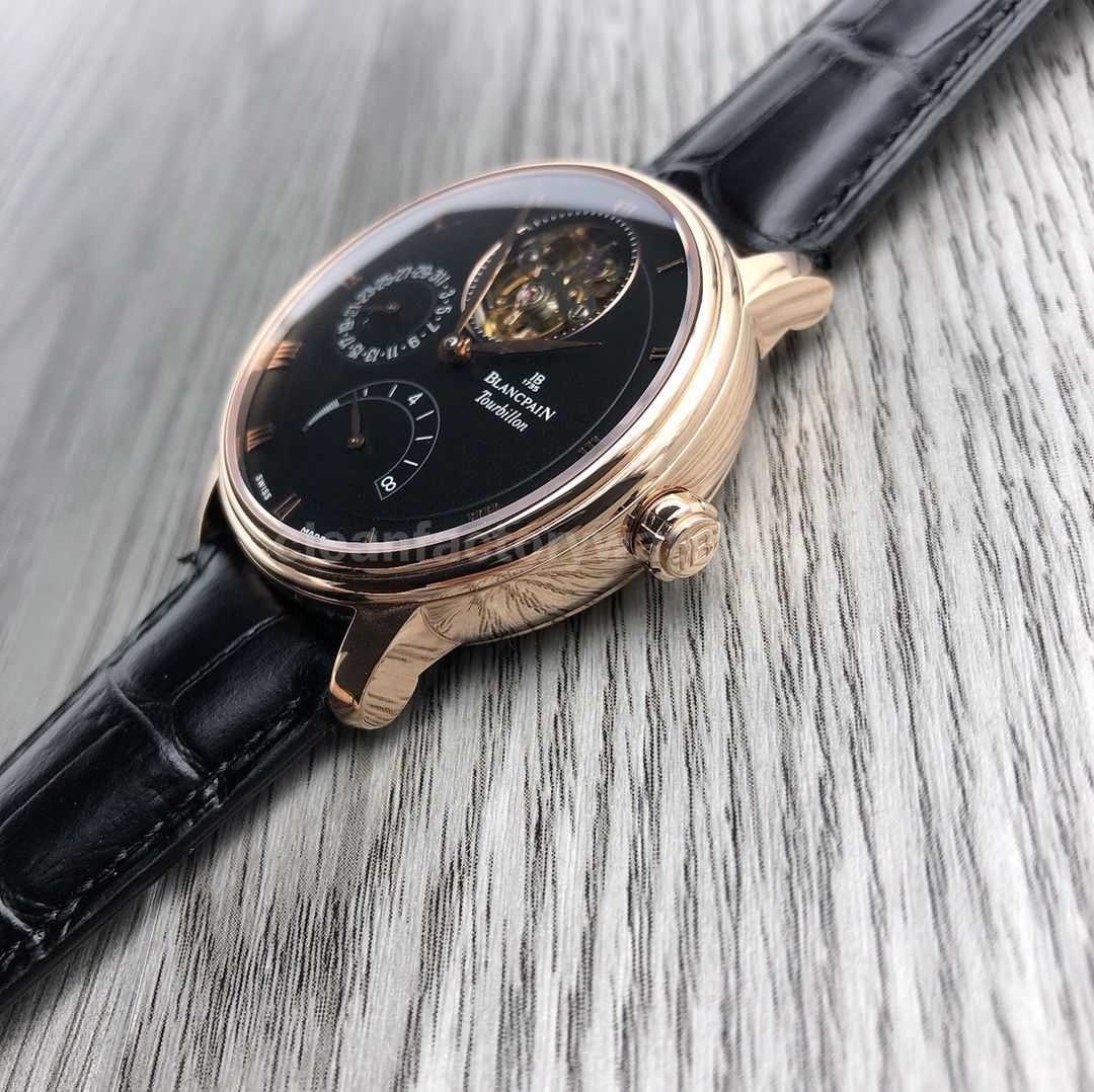 JB Factory Blancpain Villeret 6025 1542 55b 42.5mm Rose Gold Leather Strap Black Dial (9)