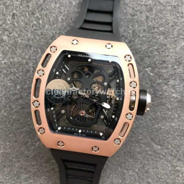 JB Factory Richard Mille RM52-01 Skull 44.3mm Rose Gold Titanium Black Rubber Strap Skeletonized Black Dial