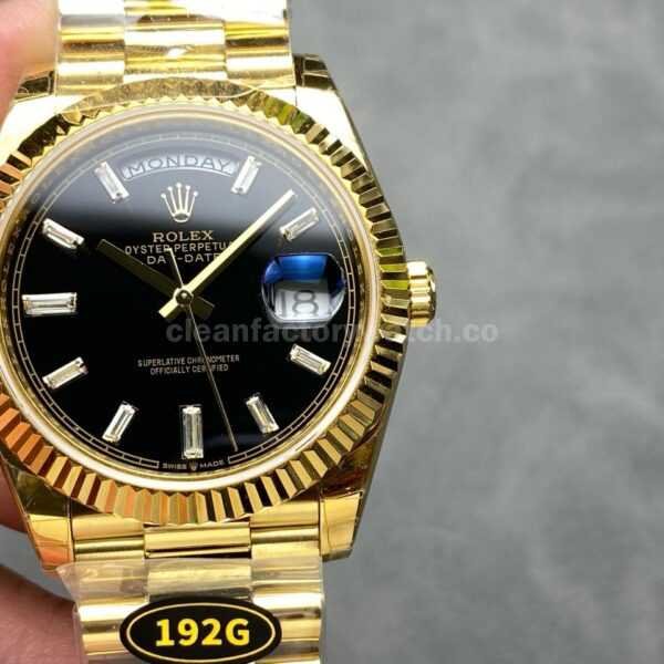 KF Factory Counterweight Rolex Day-Date 228238-0004 40mm Full Yellow Gold Diamond Baguette Black Dial 3255 Movement