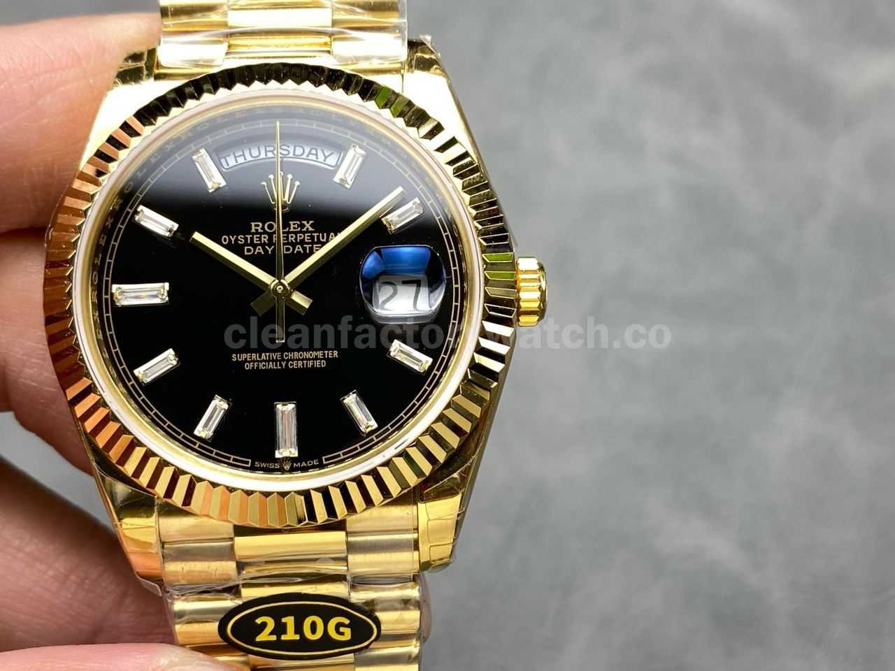 KF Factory Counterweight Rolex Day Date 228238 0004 40mm Full Yellow Gold Diamond Baguette Black Dial (6)
