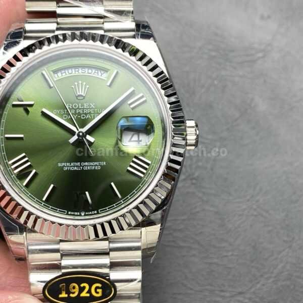 KF Factory Counterweight Rolex Day-Date 228239-0033 40mm Full White Gold Roman Numerals Avocado Green Dial 3255 Movement