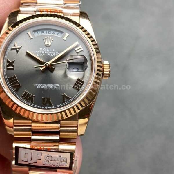 QF Factory Counterweight Rolex Day-Date 36 128235 36mm Full Rose Gold Roman Numerals Grey Dial