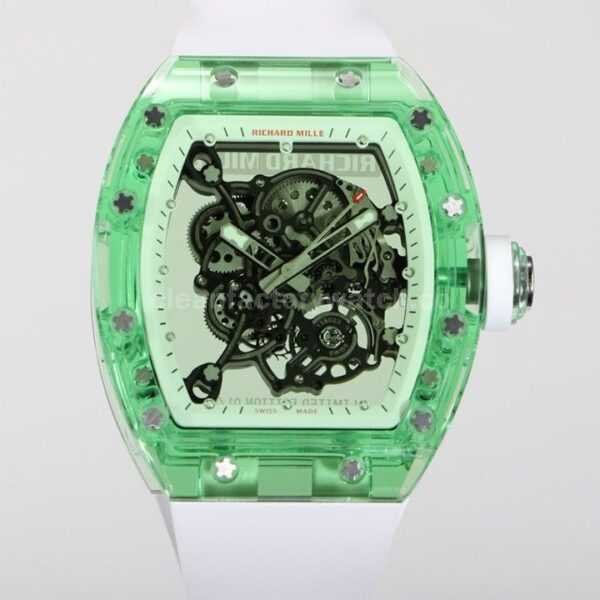 RM Factory Richard Mille RM 055 43mm Green Crystal White Rubber Strap Skeletonized White Dial