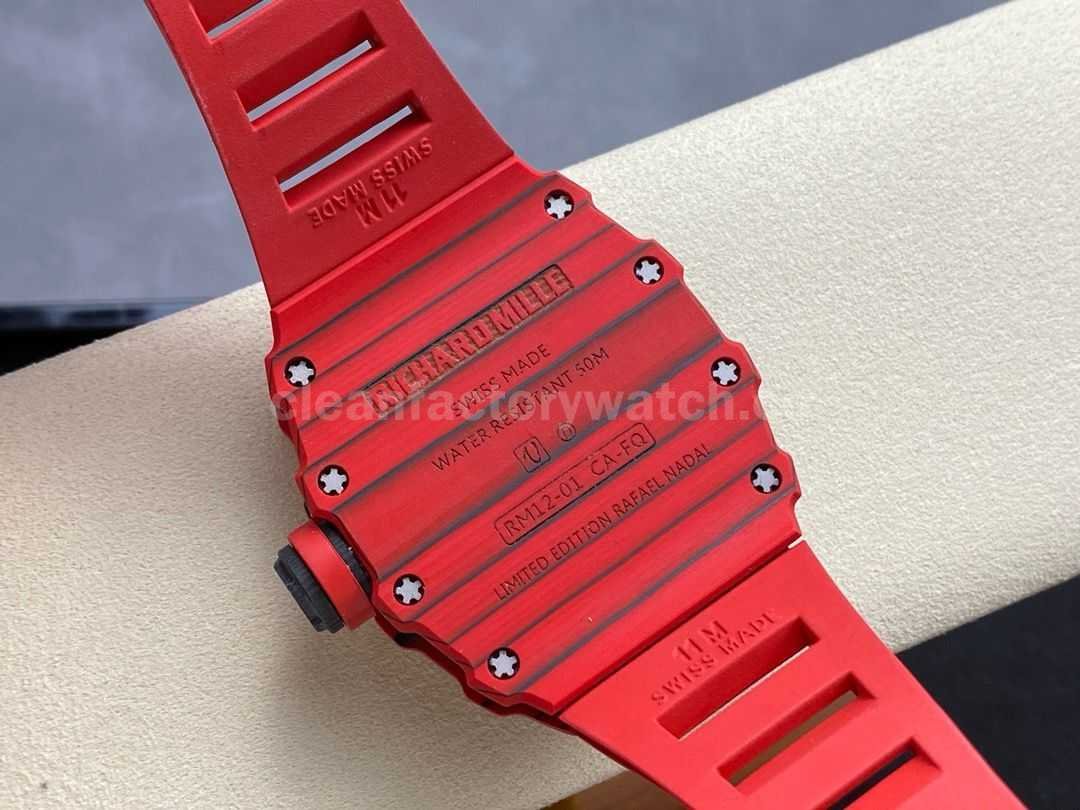 RM Factory Richard Mille RM 12 01 39mm Carbon Fiber Red Rubber Strap Skeletonized Black Dial (9)