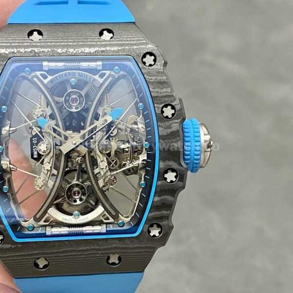 RM Factory Richard Mille RM 53-01 43mm Carbon Fiber Blue Rubber Strap Skeletonized Black Dial