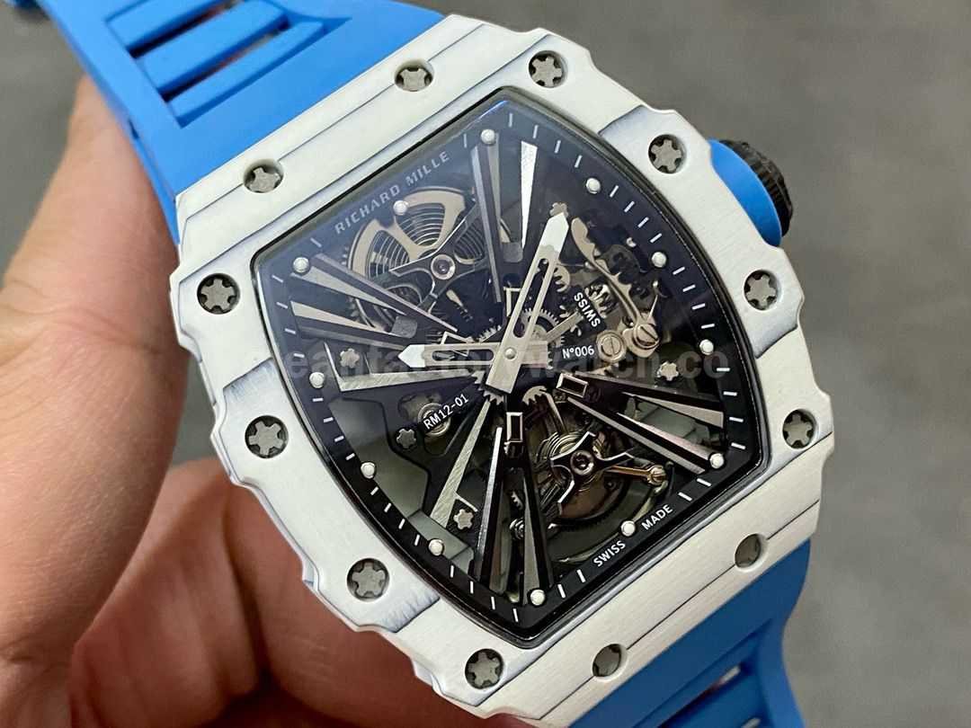 RM Factory Richard Mille RM12 01 39mm Carbon Fiber Blue Rubber Strap Skeletonized Black Dial (1)