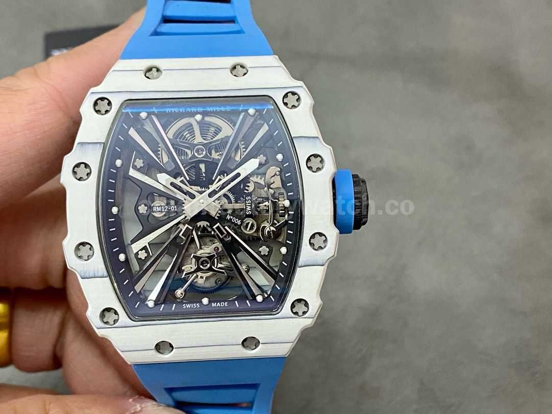 RM Factory Richard Mille RM12 01 39mm Carbon Fiber Blue Rubber Strap Skeletonized Black Dial (6)