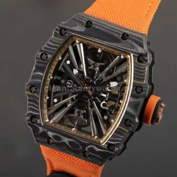 RM Factory Richard Mille RM12-01 39mm Carbon Fiber Orange Canvas Strap Skeletonized Rose Gold Dial