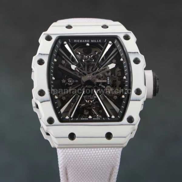 RM Factory Richard Mille RM12-01 39mm Carbon Fiber White Canvas Strap Skeletonized Black Dial