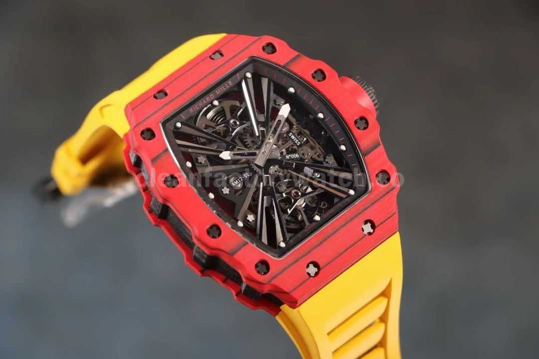 RM Factory Richard Mille RM12 01 39mm Red Carbon Fiber Yellow Rubber Strap Skeletonized Black Dial (6)