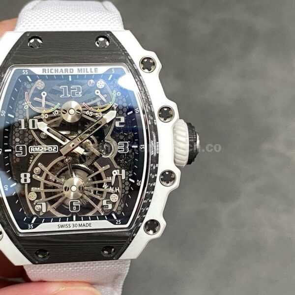 RM Factory Richard Mille RM21-02 Tourbillon 43mm White Ceramics Canvas Strap Arabic numerals Skeletonized Black Dial