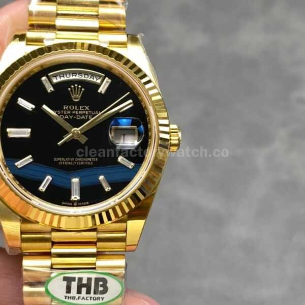 THB Factory Counterweight Rolex Day-Date 228238-0004 40mm Full Rose Gold Diamond Baguette Black Dial