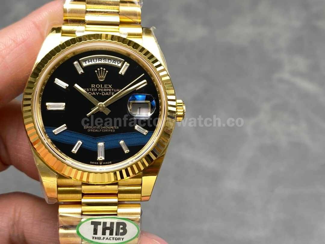 THB Factory Counterweight Rolex Day Date 228238 0004 40mm Full Rose Gold Diamond Baguette Black Dial (12)
