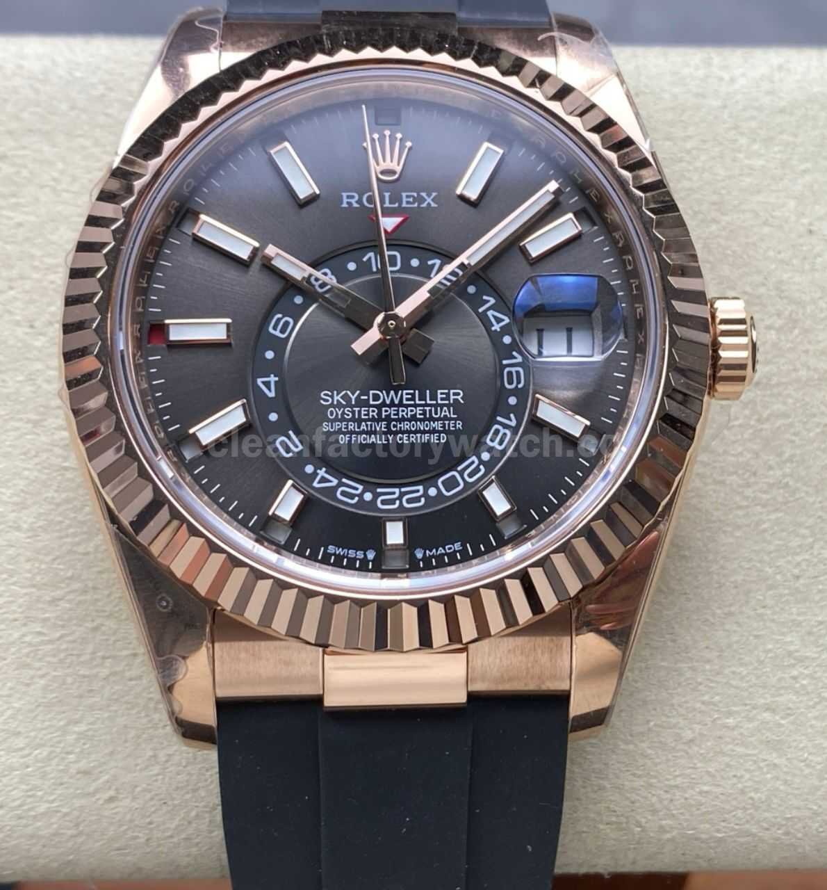 ZF Factory CounterWeight Rolex Sky Dweller 336235 0004 42mm Rose Gold Rubber Strap Grey Dial (2)