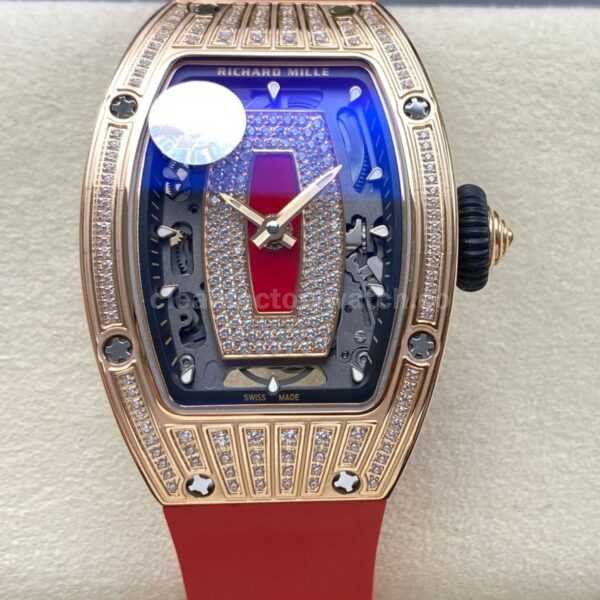 ZF Factory Richard Mille RM07 31.4mm Diamond Rose Gold Red Rubber Strap Skeletonized Black Dial